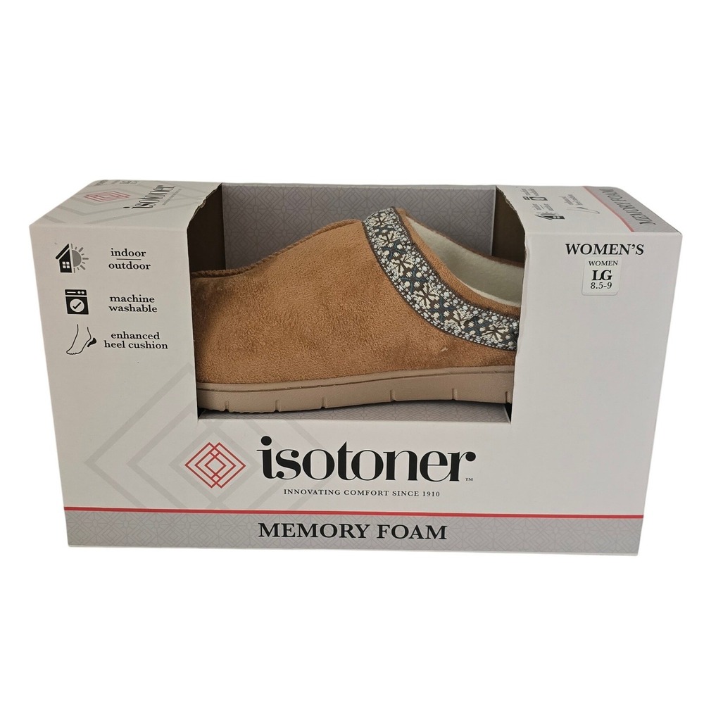 Isotoner Womens Memory Foam Slippers Buckskin Brown Clog 8.5-9 LG